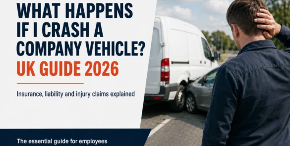 “What happens if I crash a company vehicle? UK Guide 2026.” A man holds the back of his head while looking at a car that has collided with a white company van on a road.