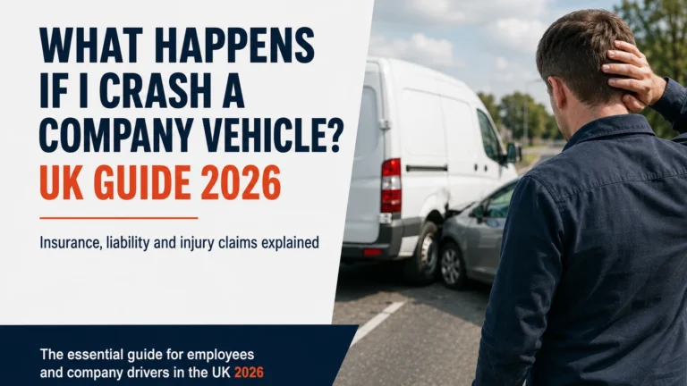 “What happens if I crash a company vehicle? UK Guide 2026.” A man holds the back of his head while looking at a car that has collided with a white company van on a road.