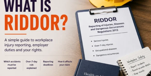 RIDDOR reporting guide showing reportable workplace accidents, occupational diseases, and dangerous occurrences in the UK.