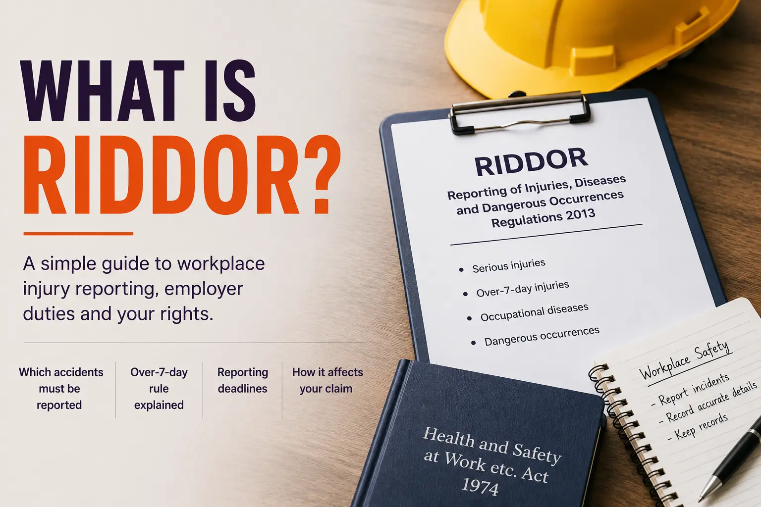 RIDDOR reporting guide showing reportable workplace accidents, occupational diseases, and dangerous occurrences in the UK.