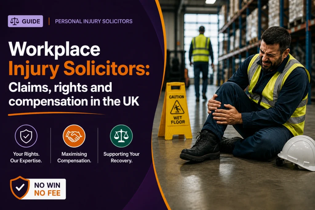 Workplace Injury Solicitors guide showing an injured warehouse worker holding his knee beside a wet floor warning sign