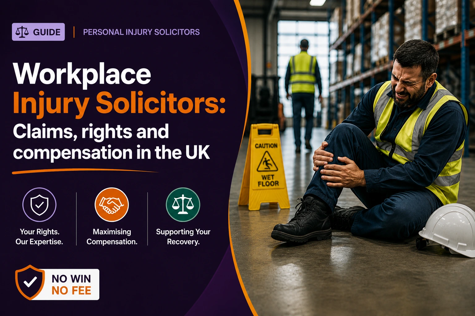 Workplace Injury Solicitors guide showing an injured warehouse worker holding his knee beside a wet floor warning sign